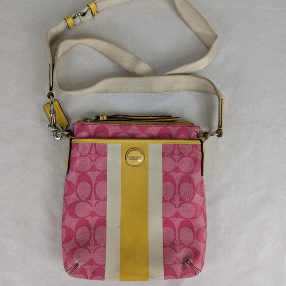Coach Signature Stripe PVC Swingpack Pink/Yellow Crossbody Bag - Picture 1 of 16